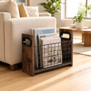 Wood Metal Magazine Rack Compact Newspaper Organizer Freestanding Storage Holder for Living Room