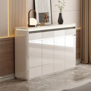 Wood Shoe Cabinet with Touch LED Light Modern High Gloss Floor Standing Entryway Shoe Rack Luxury Storage Furniture