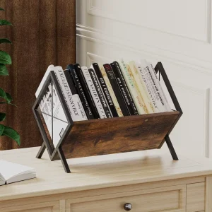 Wood Single Tier Folding Retro Desktop Record Storage Rack with Creative Magazine Holder