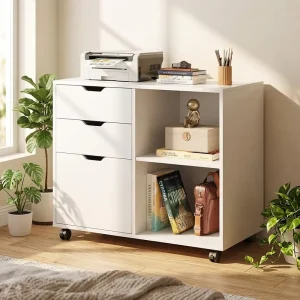 Wooden 3 Drawer Mobile Lateral File Cabinet Printer Stand with Open Storage Shelves Organizer Furniture for Home Office