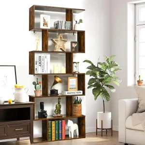 Wooden 6 Tier Rustic Geometric Modern S Shaped Storage Display Bookcase Anti Toppling Device for Living Room Furniture Home