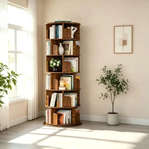 Wooden 6 Tier Spinning Revolving 360 Degree Bookcase Space Saving Tall Narrow Vertical Bookshelf Organizer
