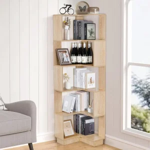 Wooden Bookshelves for Home 5-Tier Corner Bookshelf L-Shaped Shelf Storage for Living Room and Home Office