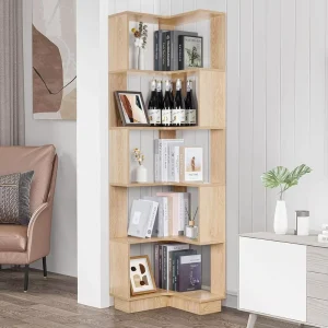 Wooden Bookshelves for Home 5 Tier Corner Bookshelf L Shaped Shelf Storage for Living Room and Home Office