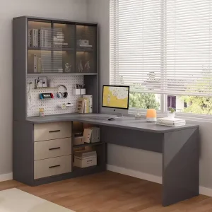Wooden Computer Desk with Integrated Bookshelf Bedroom Study Desk with Perforated Panel Top Includes Storage Drawers