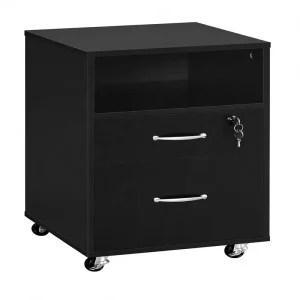 Wooden Contemporary Filing Cabinet Mobile Letter Size Large Lateral 2 Drawer 1 Open Shelf Printer Stand Home Office Black