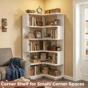 Wooden Corner Bookshelf 6 Tier L Shaped Freestanding Space Saving Etagere for Home Office Living Room Bedroom & Kitchen