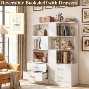 Wooden Corner Bookshelf with Drawers 6 Tier Corner Book Shelf Display Bookcase Freestanding L Shaped Bookshelf White