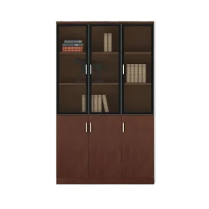 Wooden Executive Office Filing Cabinet with Open Shelves and Glass Doors