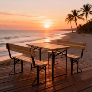 Wooden Folding Portable Party Beer Holder Bar Table Chair Set 3 Piece Beer Table Set with Backrest Style Bench
