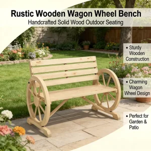 Wooden Garden Wheel Bench for Breakfast Nook Corner Backyard Lawn Patio Church Use