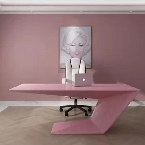 Wooden Glossy I Shape Smart Home Nordic Style Pink White Modern Executive CEO Computer Full Office Desk