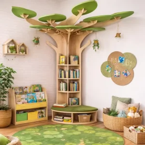 Wooden Montessori Tree Bookshelf With Reading Corner for Kindergarten Preschool Daycare Nursery Classroom Furniture