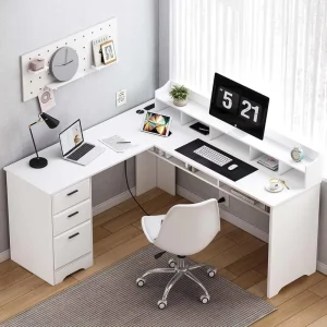 Wooden Panel Home Office Desk with File Drawers Modern Work Study Computer Table and Chair Escritorio Blanco