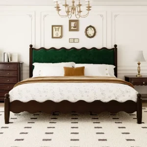 Wooden Platform Bed Green Velvet Scalloped Headboard Queen King Size Solid Wood Frame Modern Luxury Storage Bedroom Furniture