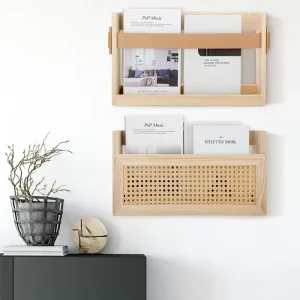 Wooden Rattan Rack Wall Mount Magazine Mail Holder Mount Paper Folder Sorter Rack for Office and Home