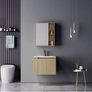 Wooden Style Eco friendly Wall Mounted Double Door Multi layer Storage Plywood Bathroom Cabinet for Home Bathroom