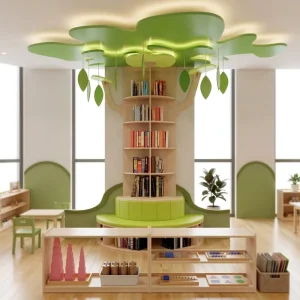 Wooden Tree Bookcase with Bench Kids Library Storage Unit Eco Friendly Montessori Classroom Furniture Set