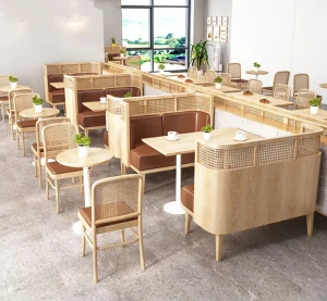 Woven Rattan Solid Wood Cafe Bar Table and Chair Set for Dining Hotels Restaurants Milk Tea Shops Burger Shops or Sofas