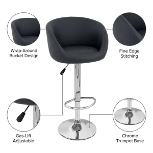 Wrap Around Bucket Leather Bar Chair Metal Base Fine Edge Stitching Height Adjustable Swivel Counter Stool with Trumpet Base