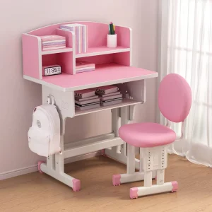 XB70 DLHN Height Adjustable Student Home Furniture Pink Kids Study Table and Chair with Bookshelf