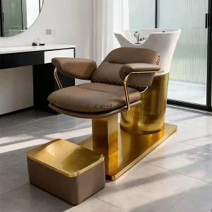 XFMC Luxury Gold Backwash Head Spa Hair Wash Chair Beauty Salon Massage Shampoo Chair Bed with Footrest for Barber Shop