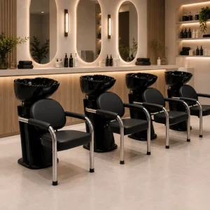 XFMC Modern Salon Furniture PU Leather Barbershop Back Washing Hair Shampoo Chair Black Ceramic Salon Shampoo Bowl