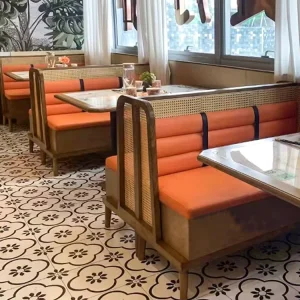XZY Custom Restaurant Set Commercial Midcentury Modern Solid Wood Leather Bench Booth Seating Rock Slab Table Hotel Dining