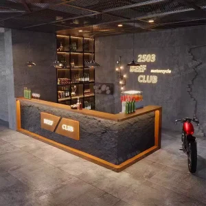 YS 0754 Industrial Modern LED Wood Counter Bar Commercial Gym Restaurant Hotel Mall Front Desk Reception Hot Pot Grill Checkout