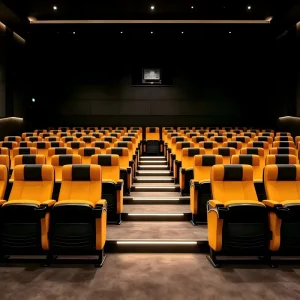 Yellow PP Plastic Shell Fixed Cinema Chair With PP Cup Holder Armrest Theater Seating Without Writing Tablet