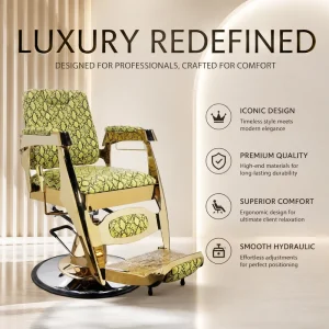 Yellow Snake Pattern High Back Barber Chair Hydraulic Salon Chair with Gold Plated Round Base Footrest and Headrest
