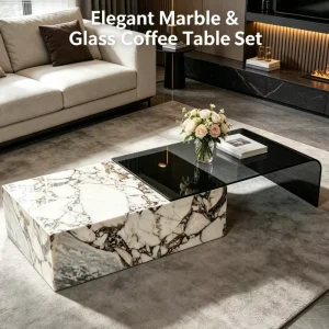YoYo Stone Polished Natural Marble and Glass Mix Indoor Home Furniture Island Table Sets Desk Bar Top Countertop Center Table