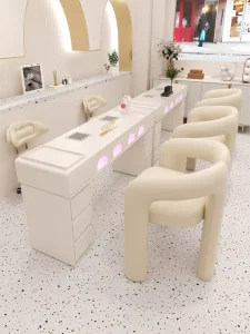 Yunshang Cream Style Japanese Design Wood Nail Art Salon Table Chair Set Marble Top Built In Curing Lamp Vacuum Cleaner Power