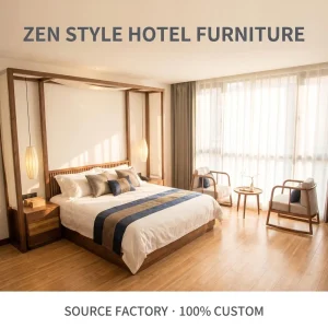 Zen Style 5 Star Resort Hotel Bedroom Furniture Set Custom Solid Wood Bed with Headboard