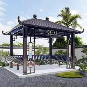 Zen Style Aluminum Meditation Pavilion Hardtop Garden Gazebo Permanent Outdoor Pavilion with Bench Seating