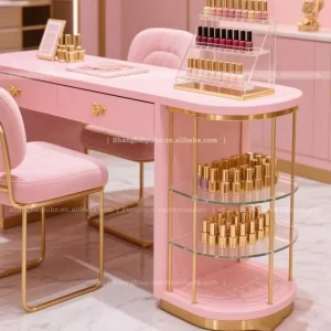 luxury nail table Pink modern manicure table beauty center nail salon ladies’ reception workbench design customization light
